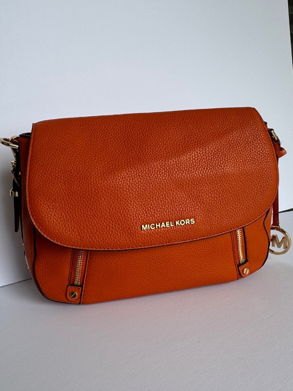 Michael Kors Bedford Legacy Medium Pebbled Leather Flap Shoulder Bag - Orange